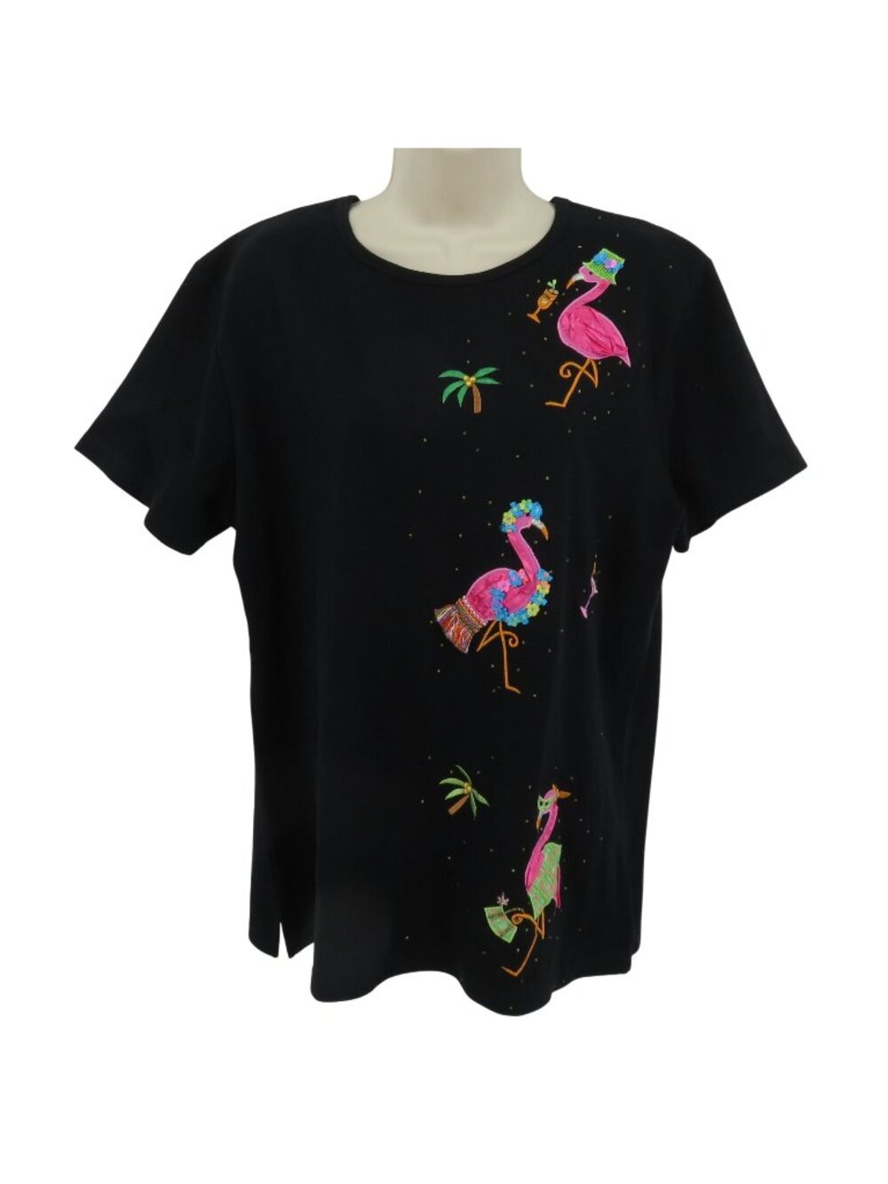 Women Extra Large Black T Shirt Embroidered Tropical Flamingos Princess Cruises